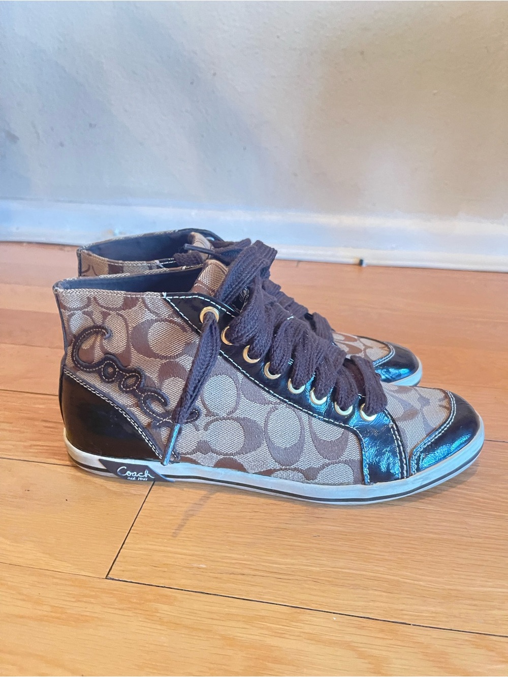 Coach womens Brown Signature High-Top Sneakers with Logo Detail - Picture 2 of 8